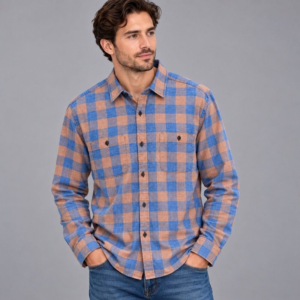 Flag & Anthem Men’s Medium Blue Brown Plaid Double Pocket Cotton Flannel Shirt